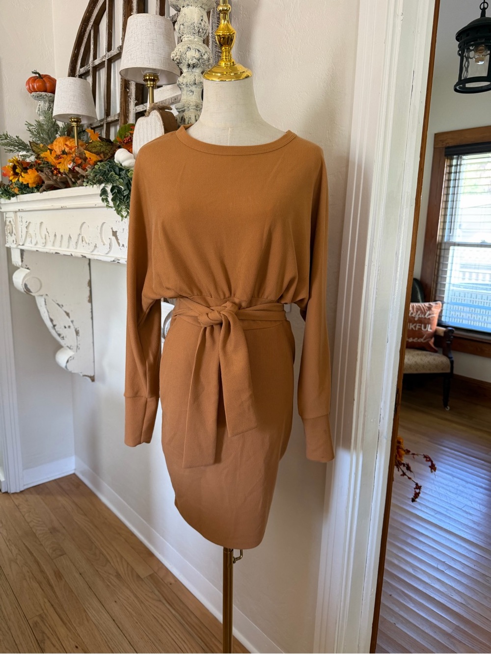 Revamped Tie-Waist Long Sleeve Dress in Camel Brown